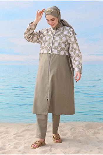 HEQA Patterned Hijab Swimsuit Light Khaki