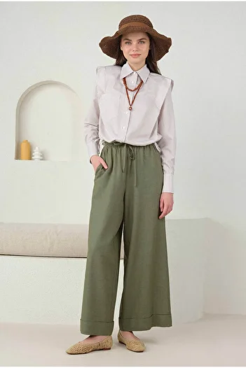 HEQA Mold Green Linen Wide Leg Trousers