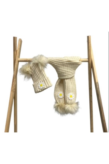ESES BEBE Baby Girl's Cream Pompom and Daisy Felt Figured Scarf Beanie Set