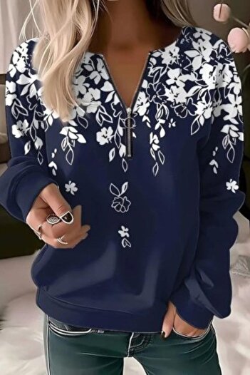 Mossta Front Zip Floral Print Raised Diving Blouse