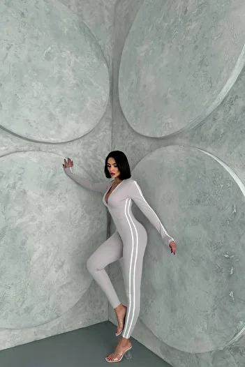 Neşeli Butik Women's Grey Line Detailed High Waist Jumpsuit Nbdf098
