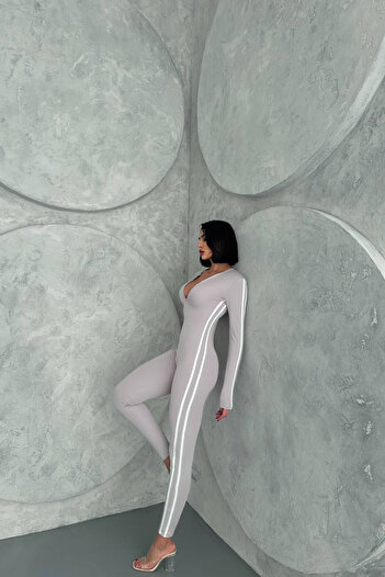 Neşeli Butik Women's Grey Line Detailed High Waist Jumpsuit Nbdf098