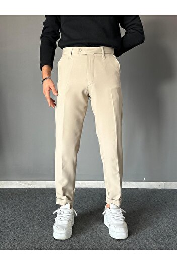 THEMANN Cream Short Tongue Double Leg Trousers with Elastic Waist