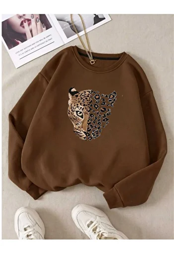 PALPİTO Φούτερ Unisex Καφέ Leopard με στάμπα Crew Neck Oversize