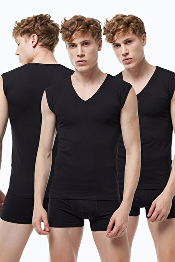 Malabadi Men's Black 3-Pack V-Neck Non-Marking Modal Sleeveless Undershirt 064