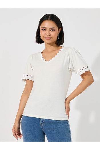 Styli Scallop Lace Insert V Neck Top