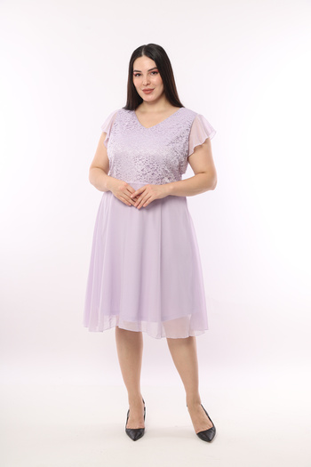 MAMAYAGA Women's V-Neck Half Sleeve Flounce Tulle Bell Skirt Guipure Stylish Curve Plus Size Dress