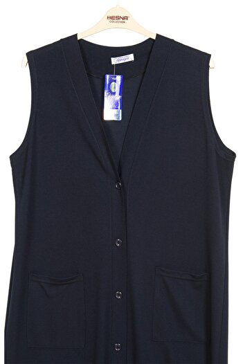 Hermevsim Hesna Women's Buğra Large Size Long Navy Blue Vest