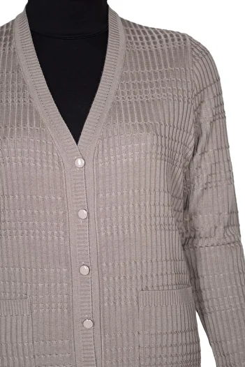 Hermevsim Hesna Nilay Women's Beige Stone Colored Knitwear Jacket - Pockets and Buttons