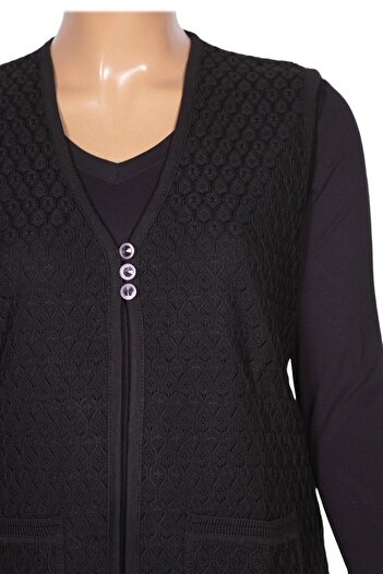 HESNA Alkım Women's Black Knitwear Vest - Openwork Pocket, 3 Button Openwork