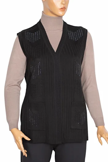 HESNA Women's Nida Shoulder Pocket Stoned Corded Knitwear Black Vest