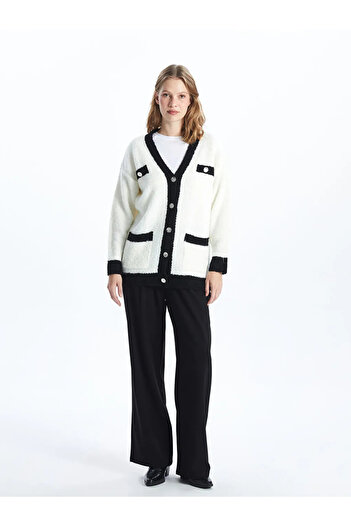 LC Waikiki Lcwaikiki Classic Ecru V-Neck Color-Blocking Women's Knitwear Cardigan