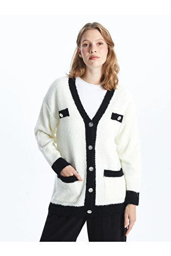 LC Waikiki Lcwaikiki Classic Ecru V-Neck Color-Blocking Women's Knitwear Cardigan