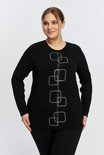 RMG Large Size Stone Detailed Knitwear Sweater Black