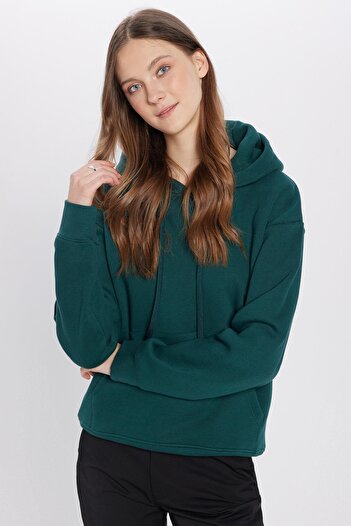 Tudors Unisex Oversize Geniş Kesim Pamuklu Yumuşak Dokulu Içi Polarlı Basic Yeşil Kapüşonlu Sweatshirt