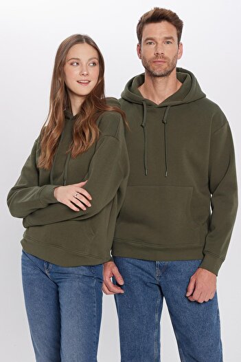 Tudors Unisex Oversize Geniş Kesim Pamuklu Yumuşak Dokulu Içi Polarlı Basic Yeşil Kapüşonlu Sweatshirt