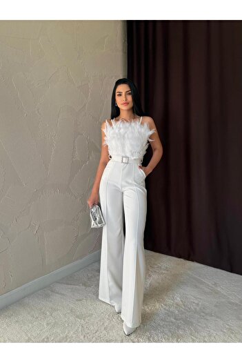 Afiş Butik White Otriş Detailed Belted Jumpsuit