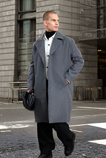 Trendyol Collection Ανδρικό παλτό με γραμματόσημα Oversize - Ανθρακί, Χειμώνας, Μάλλινο Μικτό TMNAW25KB00004
