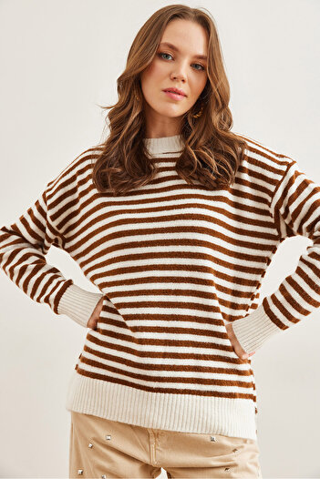 Olalook Women's Bitter Brown Half Fisherman Striped Soft Textured Knitwear Tunic Tnk- 19000100