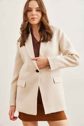 Olalook Women's Stone Single Button Pocket Flap Wool Effect Blazer Jacket Ckt- 19000407