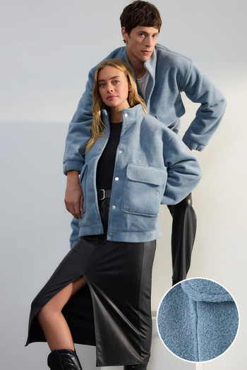 Trendyol Collection Limited Edition - Blue Regular Fit Soft Winter Coat Tmnaw25mo00034 with Stand Collar and Pocket Detail