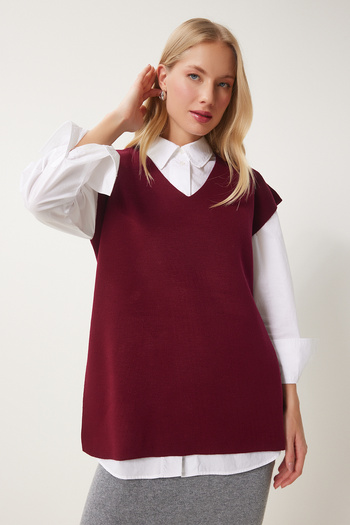 Happiness İstanbul Burgunderroter Damen-Pullover mit V-Ausschnitt und Gürtel, lang, US00185