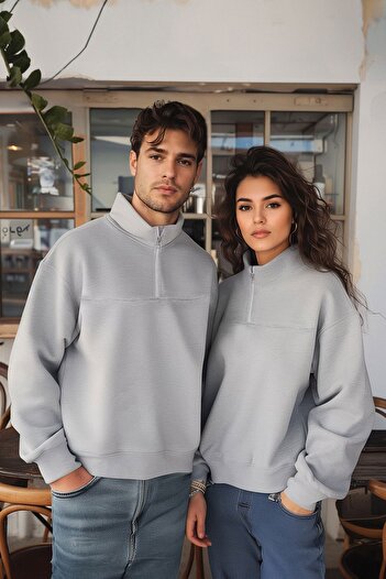 Trendyol Collection Gray Melange Fleece/Warm Zippered Oversize Sweatshirt - Tmnaw25Sw00031