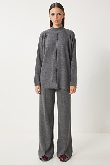 Happiness İstanbul Women's Gray Stylish Knitwear Sweater Trousers Set MU00012