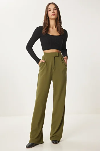 Happiness İstanbul Women's Khaki Waist Velcro Comfortable Woven Pants Rv00150