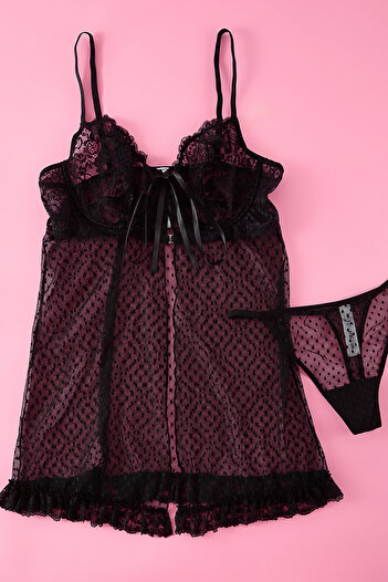 Trendyol Curve Plus Size Black Polka Dot Lace Babydoll - Thong Tbbaw25Dh00001