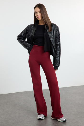 Trendyol Collection Claret Red Wide Leg/Spanish Leg High Waist Interlock Stretch Knitted Trousers Twoaw25Pl00006