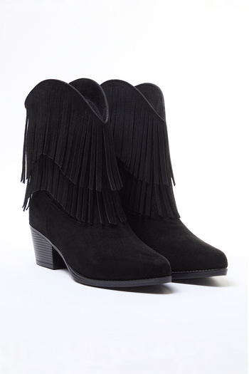 TRENDYOL SHOES Černé semišové kovbojské boty s blokovým podpatkem, dámské boty Takaw25Bo00031
