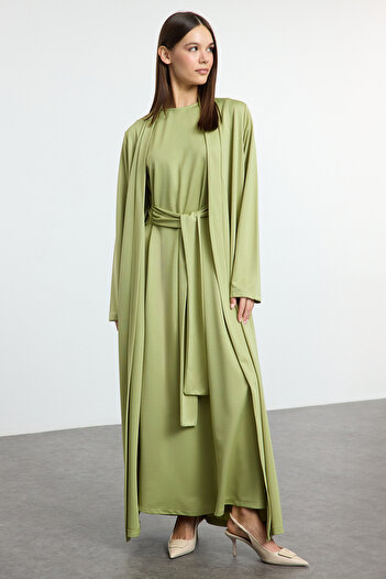 Trendyol Modest Oil Green Knitted Cardigan and Gown Set - Belt Detail Tctaw25Us00122