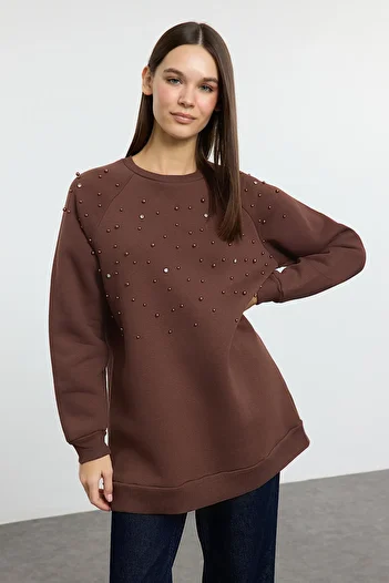 Trendyol Modest Φούτερ καφέ Raster με αξεσουάρ από πέτρα TCTAW25TW00002