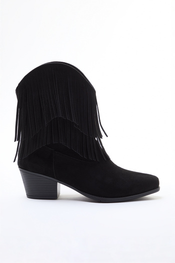 TRENDYOL SHOES Černé semišové kovbojské boty s blokovým podpatkem, dámské boty Takaw25Bo00031