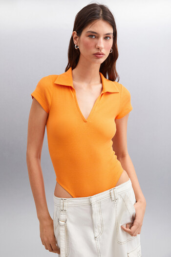 GRIMELANGE Luıgına Women's Organic Cotton Ribbed Stretchy Fabric Bottom Snaps Polo Neck Orange Blouse