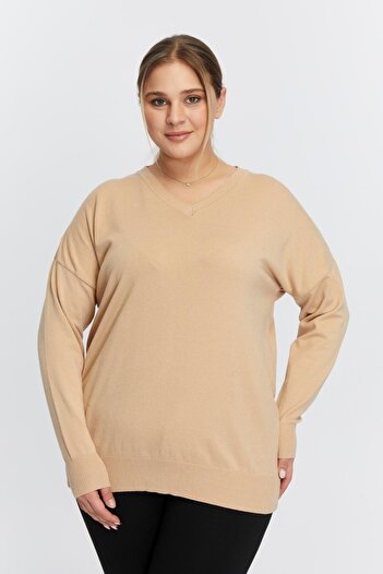 RMG V-Neck Plus Size Cashmere Knitwear Sweater - Mink