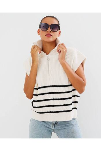 İLKCET MODA Zippered Ecru Sleeveless Sweater