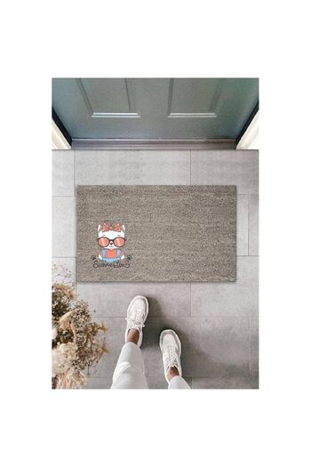 Dormot Digital Print Quality Gray Summer Time Written White Cat with Bow and Glasses Decorative Door Mat