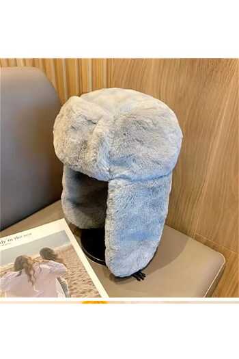 Betülce Fur Plush Winter Cap Hat Pilot Kalpak Unisex Gray Ear Cover with Snap Fasteners