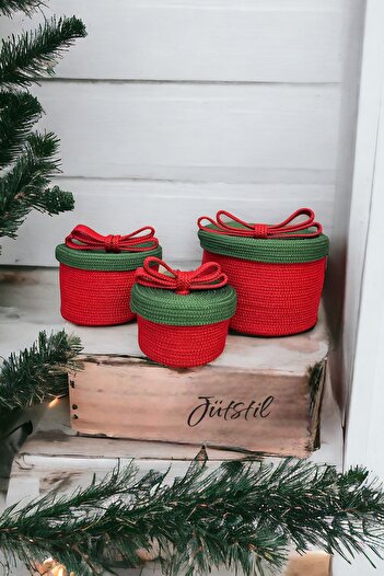 evdeucuz New Year's Concept 3-Piece Decorative Basket, Gift Box, Christmas Decor