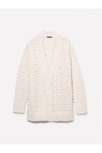 Sisley Women's Beige Wool Blended Three Button Wide V-Neck Cardigan
