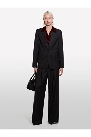 Sisley Women's Black Striped Wool Blended Single Button Slim Striped Coat