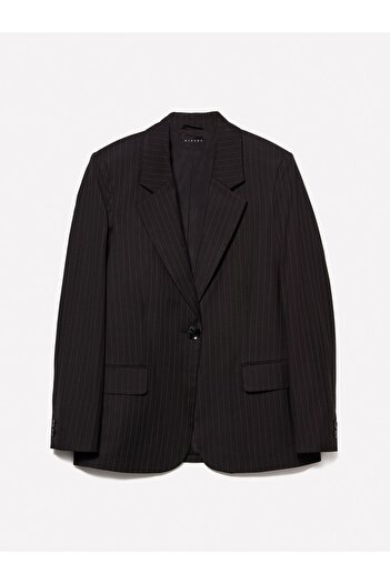 Sisley Women's Black Striped Wool Blended Single Button Slim Striped Coat
