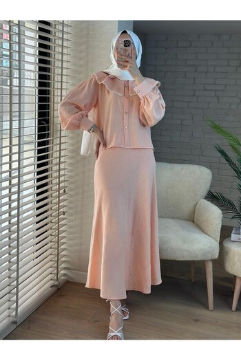 Modamorfo Lace Lettuce Collar Pure Linen Skirt Set - Yavruağzı