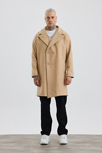 İLKCET MODA Premium Beige Oversize Men's Buttoned Stamp Coat