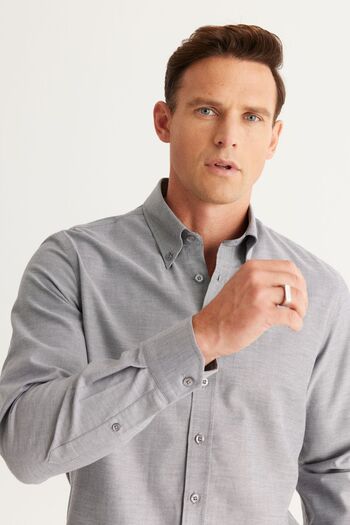 ALTINYILDIZ CLASSICS Men's Gray Slim Fit Narrow Cut Button Collar 100% Cotton Oxford Shirt