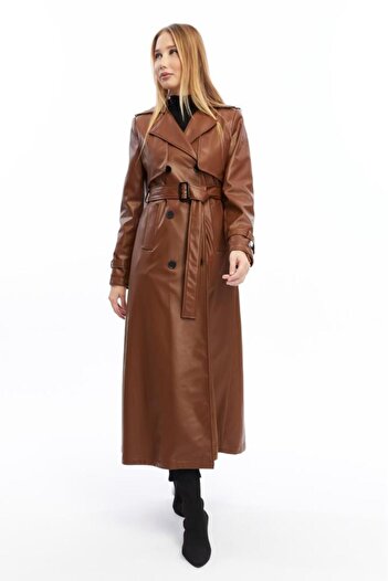 Jamila Long Leather Trench Coat with Double Pockets