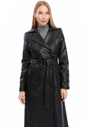 Jamila Long Leather Trench Coat with Double Pockets