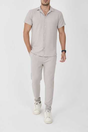 MCZ GİYİM Men's Short Sleeve Slim Fit Slim Fit Shirt Collar Lycra Gray Shirt Tapered Leg Pants Bottom Top Set